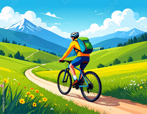 Mountain Biker on Scenic Trail with Vibrant Greenery and Majestic Mountains