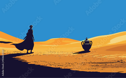 Silhouette of a traveler in a desert approaching an ancient lamp.
