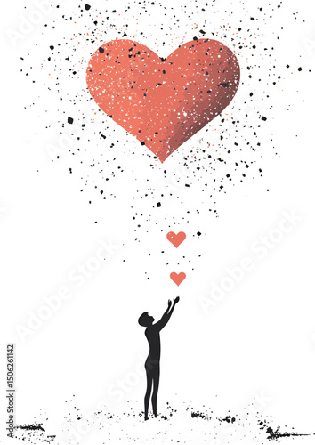 A silhouetted figure joyfully reaching for floating hearts in a whimsical scene.