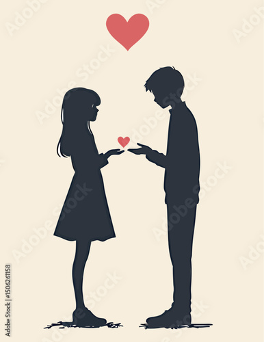 Silhouette of a couple exchanging a heart symbol, expressing love and connection.