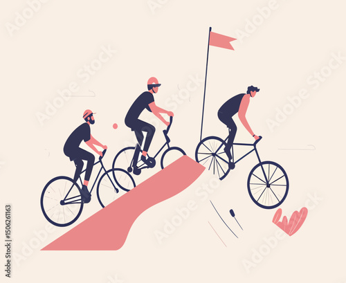 Three male cyclists ascending a hill, showcasing determination and teamwork.