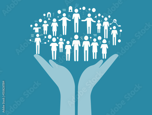 Hands supporting a diverse community of people icons, symbolizing unity and collaboration.