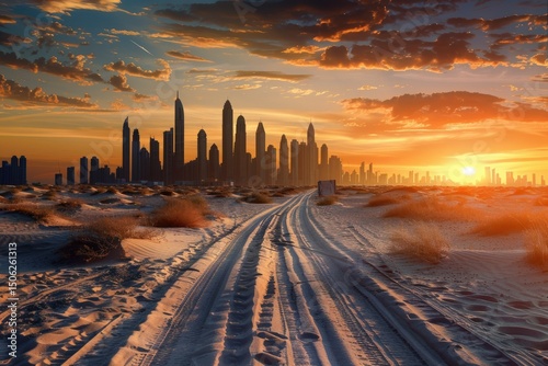 High Resolution Visual of Tire Tracks in Desert Leading to Modern City Skyline at Sunset