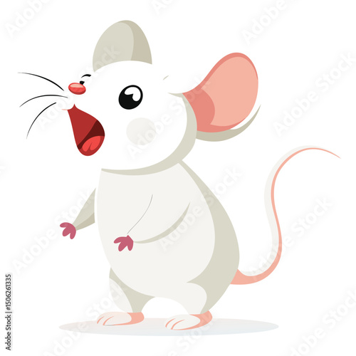 A tiny white mouse with big ears stands on its hind legs with its mouth open, appearing to be singing or squeaking with white background