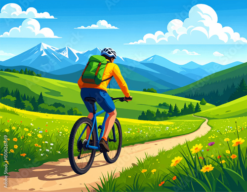 Mountain Biker on Scenic Trail with Vibrant Greenery and Majestic Mountains