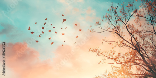 Autumn Leaves Blowing in Wind Against Colorful Sky