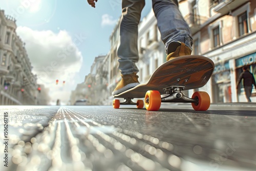 High Detail Image of Person Riding a Skateboard on a Street photo
