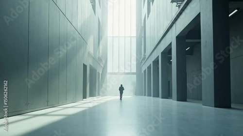 Solitary Figure in a Minimalist Modern Hallway with Futuristic Design perspective view
