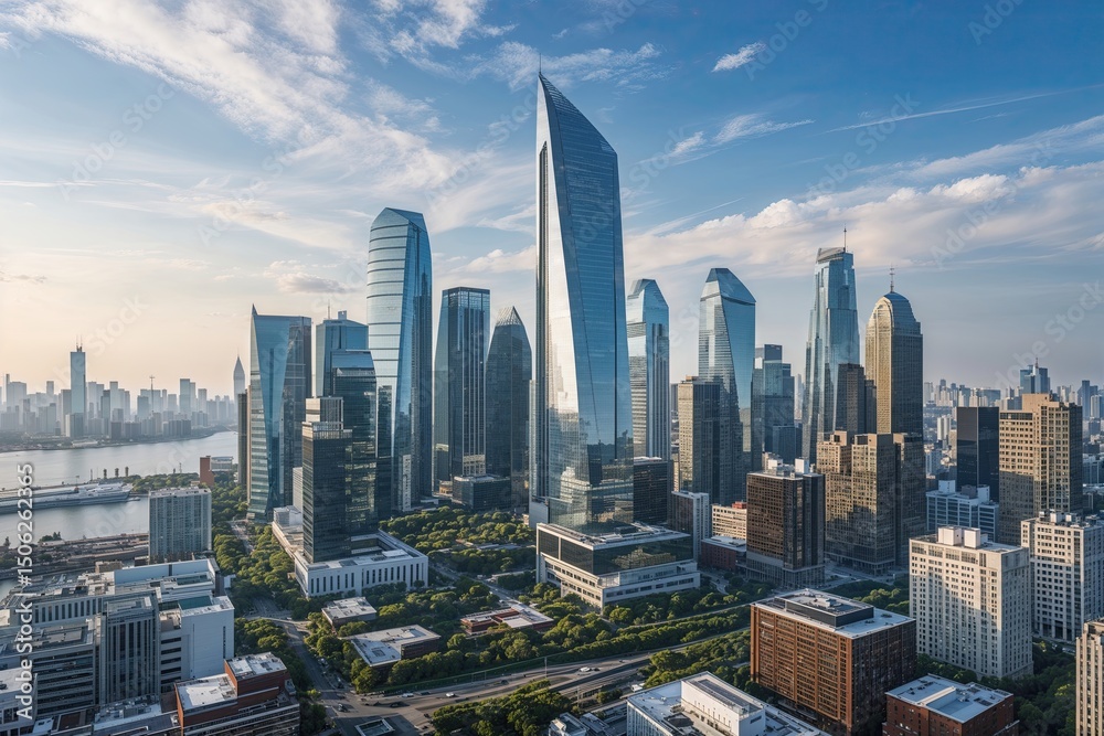 Fototapeta premium Vibrant Urban Environment of Renowned Business Districts Featuring Contemporary Architecture and Stunning Skylines