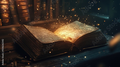 A book is open to a page with a glowing light
