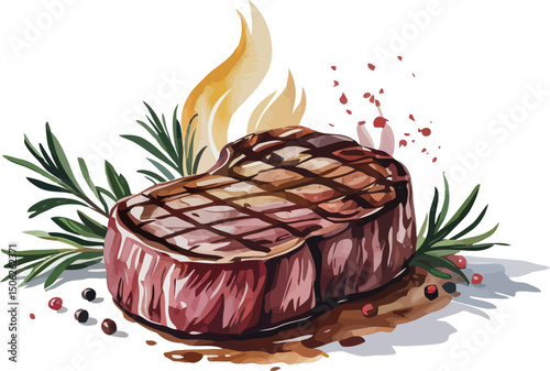 This watercolor illustration depicts a cooked steak with a small flame rising from it, garnished with rosemary and peppercorns. 