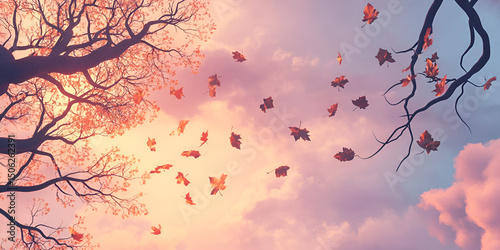 Autumn Leaves Blowing in Wind Against Colorful Sky