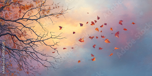 Autumn Leaves Blowing in Wind Against Colorful Sky