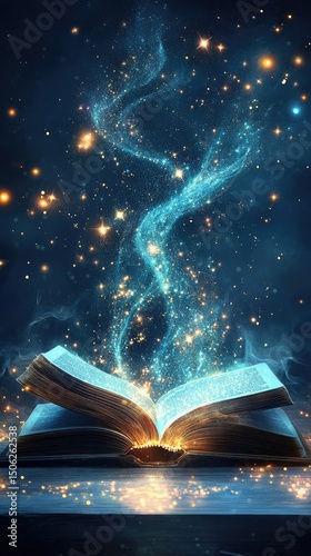 A book is open to a page with a blue and white swirl