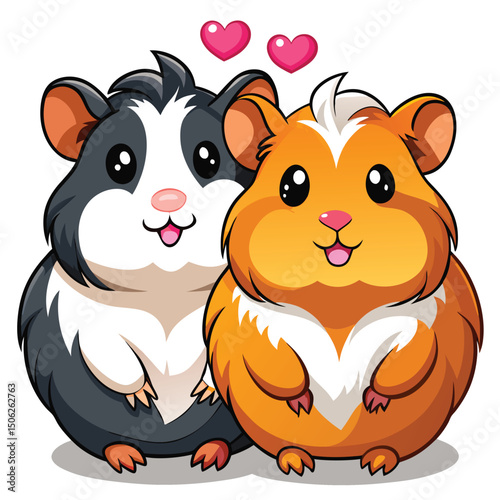 Two adorable guinea pigs with different colorings snuggle closely together 
 with white background