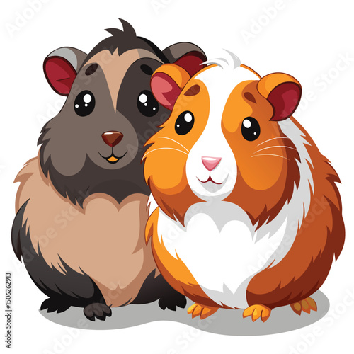 Two adorable guinea pigs with different colorings snuggle closely together 
 with white background