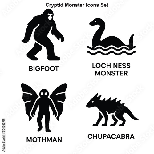 Cryptid Monster Icons Set – Bigfoot, Loch Ness, Mothman, Chupacabra in Modern Line Art