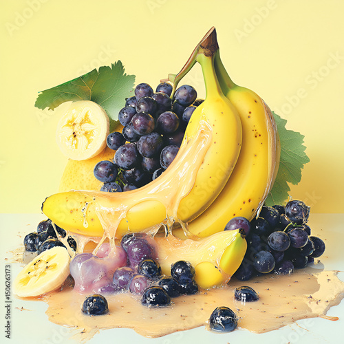 Bananas and Grapes with Citrus Splash on Pastel Background