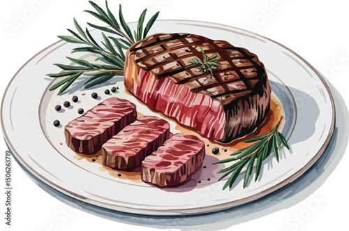 This watercolor illustration shows a cooked steak, perfectly grilled and sliced, served on a plate with sprigs of rosemary and peppercorns. 
