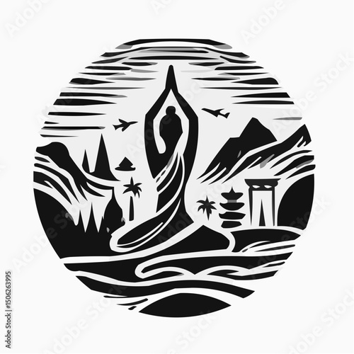 Black and white travel icon depicting a meditative figure in nature  