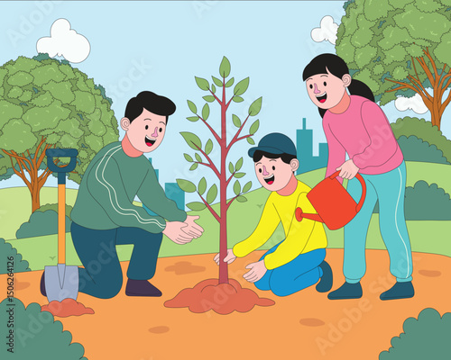 Flat cartoon illustration of a family planting a tree in an urban park for World Environment Day. Promotes eco awareness, green lifestyle, sustainability, and intergenerational teamwork