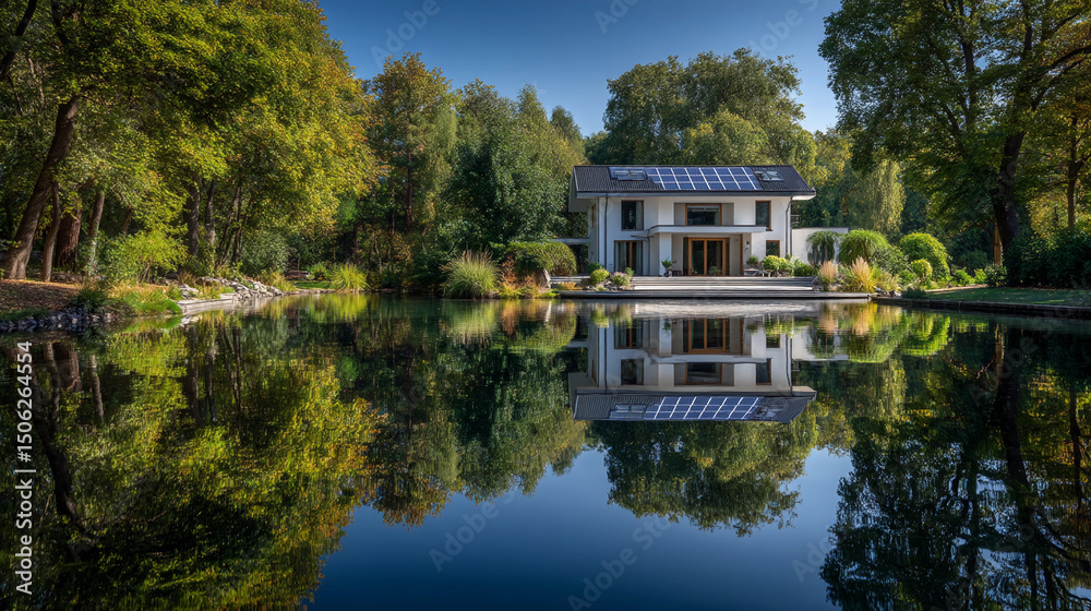 Fototapeta premium Modern house with solar panels surrounded by lush greenery