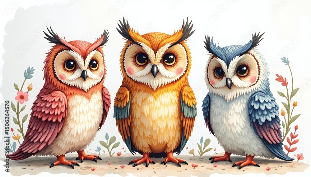 Fototapeta premium Three Adorable Owls in Pastel Colors