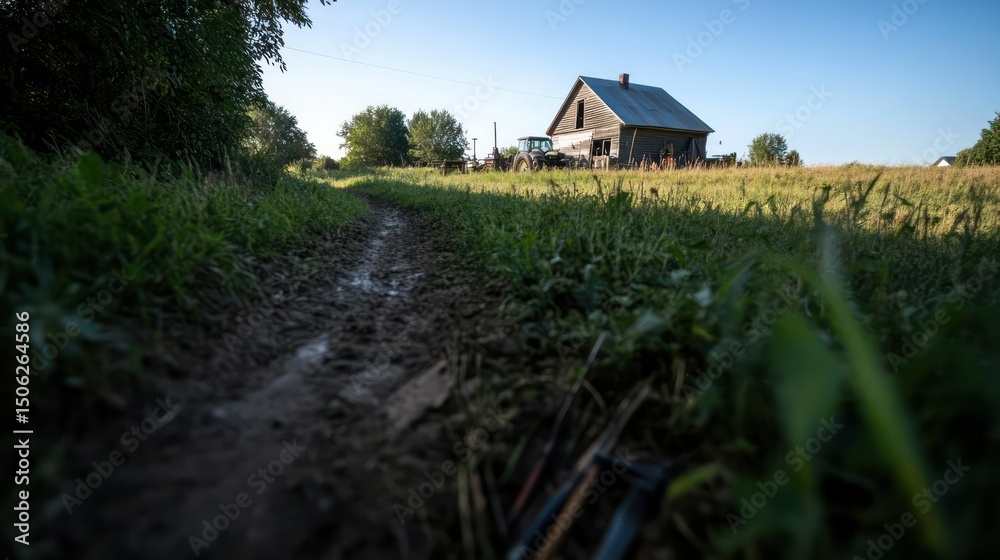 Rustic barn and tractor in rural farmland setting. Rustic barn and tractor in rural farmland setting.