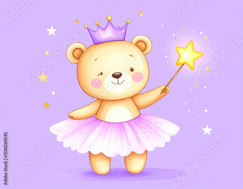 Watercolor Cute Princess Bear with Crown and Magic Wand, watercolor illustration
