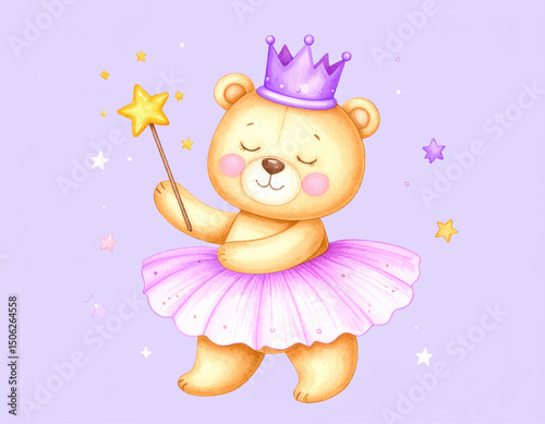 Watercolor Cute Princess Bear with Crown and Magic Wand, watercolor illustration