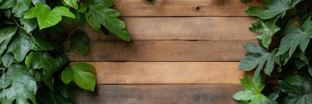 Rustic Wood Background with Green Leaves Border Rustic Wood Background with Green Leaves Border