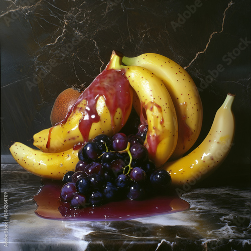 Bananas and Grapes with Red Syrup on Marble Surface