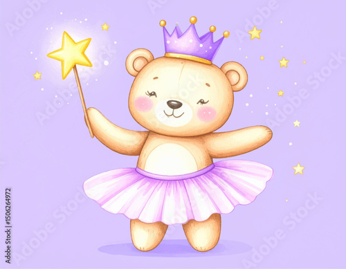Watercolor Cute Princess Bear with Crown and Magic Wand, watercolor illustration