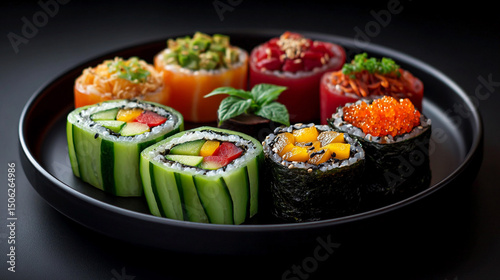 Wallpaper Mural Colorful sushi platter featuring unique rolls on a black plate Torontodigital.ca