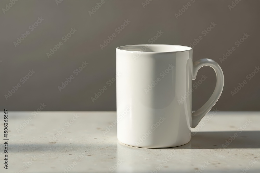 Fototapeta premium Classic white ceramic mug, handle detail visible , ceramic, drinkware