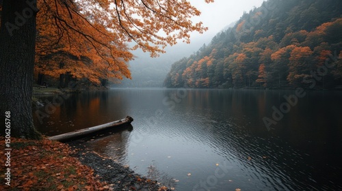 Serene Autumn Lake Reflecting Misty Forest Landscape