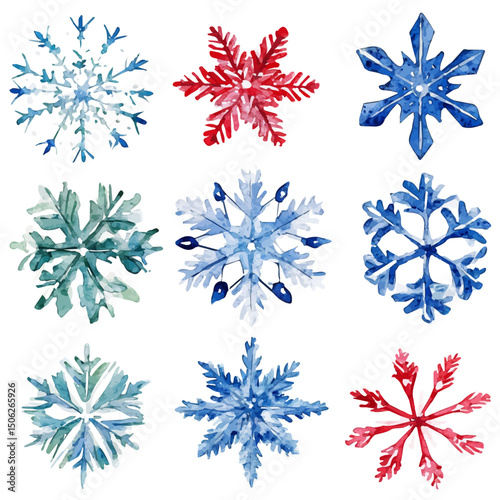 Christmas Snowflakes, watercolor vector, high quality, isolated on a white background.