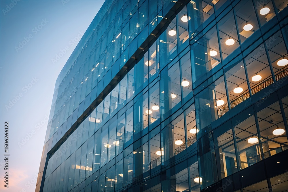 Obraz premium Modern Office Building Reflective Glass Facade with Illuminated Interior Details