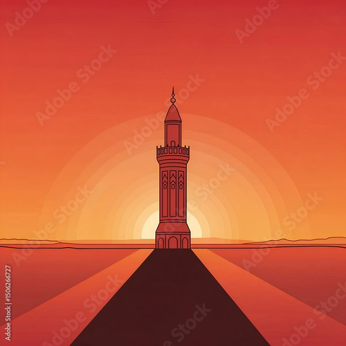 Tower silhouette against sunset in vibrant orange colors with rays  