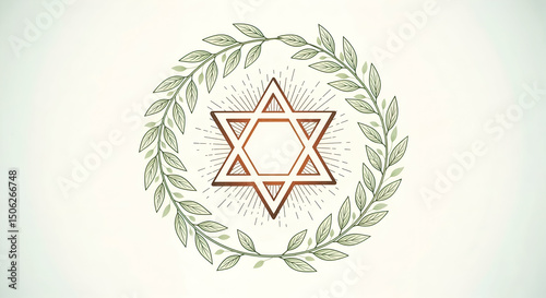 Star of David surrounded by leafy wreath on neutral background  
