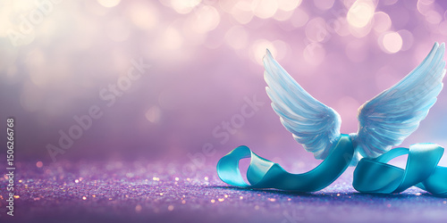 Blue Ribbon with Angel Wings on Pink Bokeh Background