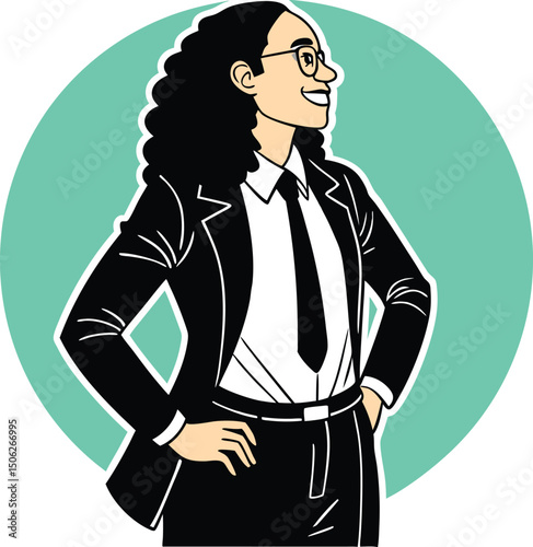Confident Businesswoman Cartoon Character with Hands on Hips Looking Forward