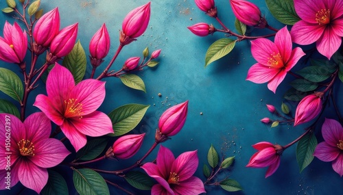 Intricate fuchsia blossoms & leaves, vibrant textile print, macro, textile, fuchsia flowers