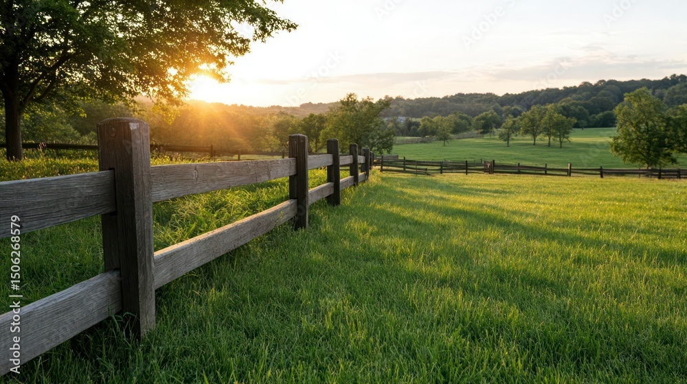 Sunlit Meadow with Wooden Fence at Sunrise Sunlit Meadow with Wooden Fence at Sunrise