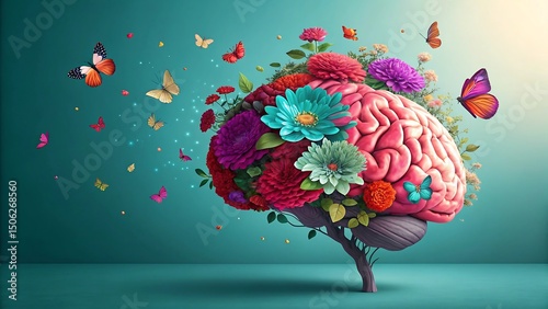 Creative surreal concept of human brain blooming with vibrant flowers and butterflies symbolizing imagination, mental health, and creativity
