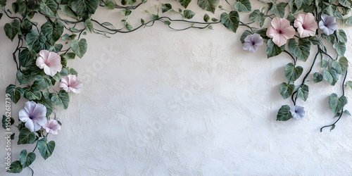 Floral Vine Border with Green Leaves on White Wall Background