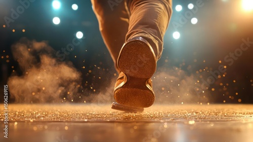 Tap Dancer's Shoe Hitting Stage with Dust and Lights