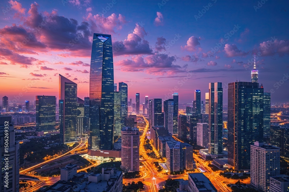 Fototapeta premium Stunning Nighttime City Skyline Showcasing Modern Urban Architecture