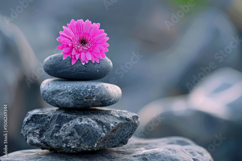 a pink flower sitting on top of a pile of rocks