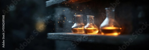 Three Glass Beakers with Liquid on a Wooden Shelf